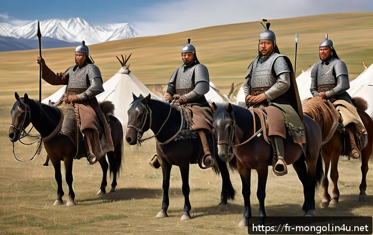 칭기즈칸 유적지 - A detailed scene depicting Mongol warriors in a nomadic camp during the era of Genghis Khan, showing...
