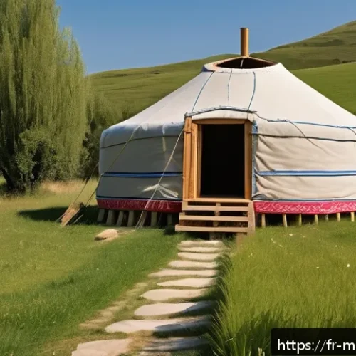 Home 17 몽골 게르 설치 방법 - A traditional Mongolian yurt set on a gently sloping grassy meadow in rural France, surrounded by a ...