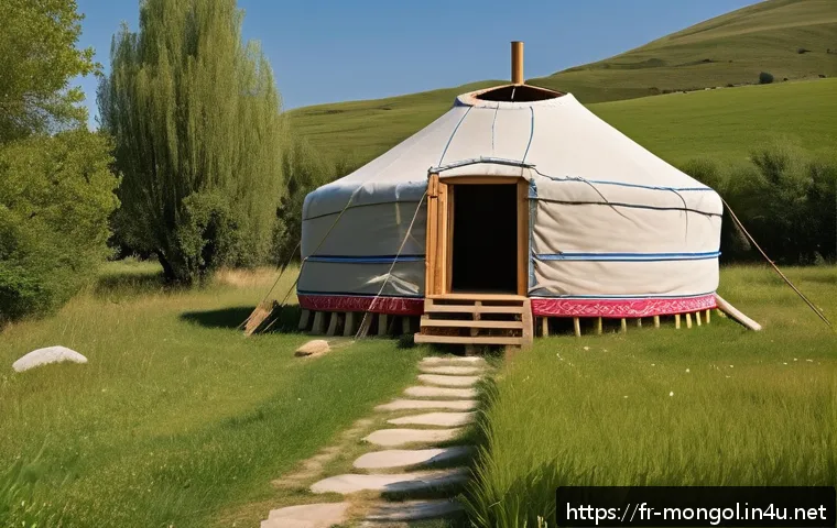 몽골 게르 설치 방법 - A traditional Mongolian yurt set on a gently sloping grassy meadow in rural France, surrounded by a ...