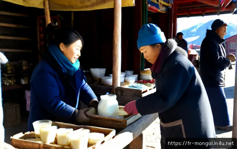몽골 재래시장과 상인 문화 - Photorealistic morning scene at a traditional Mongolian open-air market in Ulaanbaatar, a warmly dre...