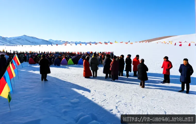 Home 30 몽골 겨울 축제 정보 - Photorealistic Mongolian winter festival on a vast snow-covered steppe, warmly dressed families in t...