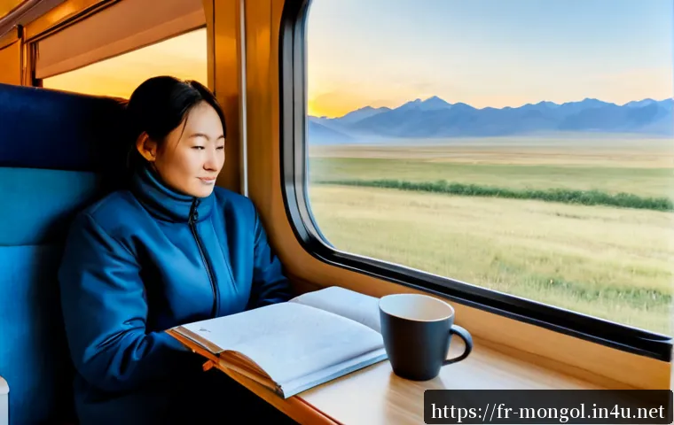 Home 17 몽골 열차 여행 후기 - Photorealistic Mongolian train journey review scene, a French-speaking traveler in practical layered...
