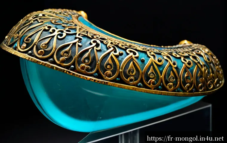 몽골 황금기의 유물 - Photorealistic museum display of a 13th-century Mongol Empire gilded saddle ornament, intricate hamm...