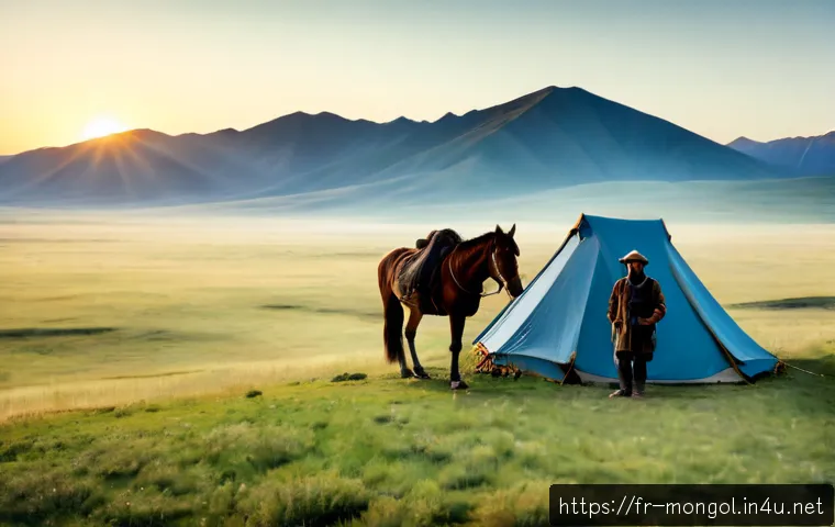 몽골 동부 초원 탐험 - Photorealistic wide-angle view of an eastern Mongolian steppe expedition at sunrise, a French-speaki...